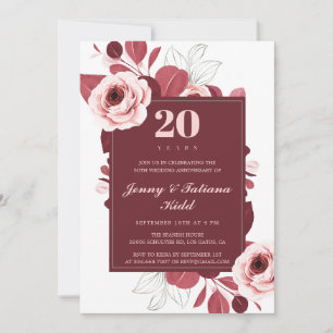 Burgunder Blumen 20. Hochzeitstag  Einladung