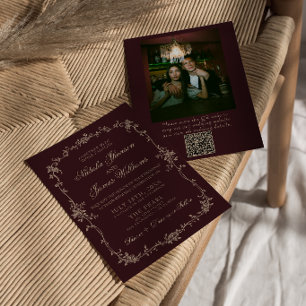 Burgunder Blumen Alt Geld QR-Code Foto Hochzeit Einladung