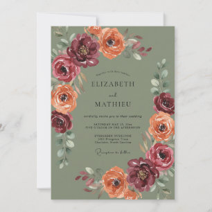 Burgunder-Blumen-Botanik-Romantik-Hochzeit Einladung