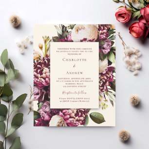 Burgunder Blumen Creme lila Hochzeitseinladung