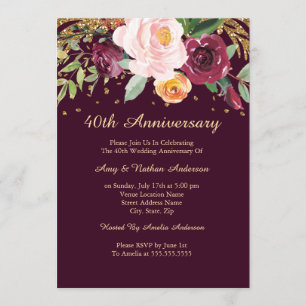 Burgunder Blumen Glitter 40. Hochzeitstag Einladung
