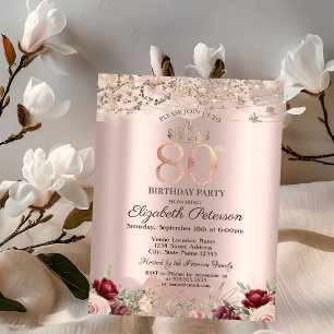 Burgunder Blumen Glitter-Rahmen Rosen-Gold 80TH Einladung