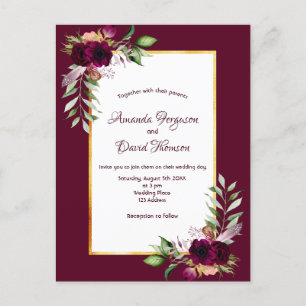 Burgunder Blumen Gold Hochzeitseinladung Postkarte