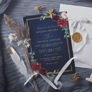 Burgunder Blumen Gold Marineblau QR-Code Hochzeit Einladung