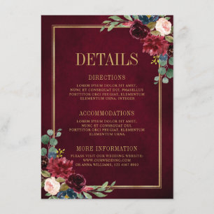 Burgunder Blumen Gold Navy Blau Hochzeitsdetails E Begleitkarte