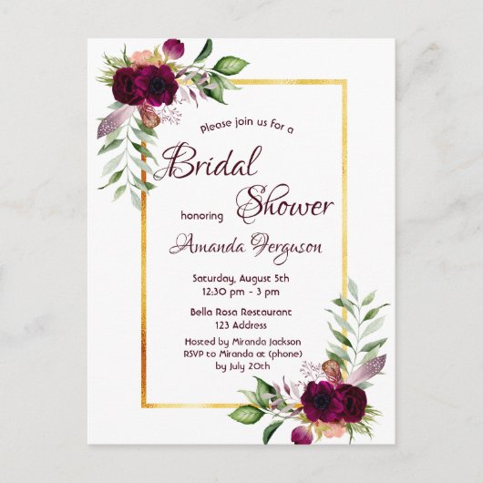 Burgunder Blumen goldene Vegetation boho Brautpart Postkarte (Vorderseite)