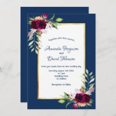 Burgunder Blumen goldenes Grün boho blauer Hochzei Einladung (Vorne/Hinten)