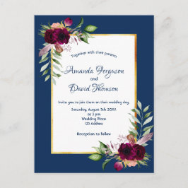 Burgunder Blumen goldenes Grün boho blauer Hochzei Postkarte