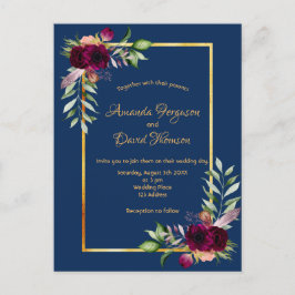 Burgunder Blumen goldenes Grün boho blauer Hochzei Postkarte
