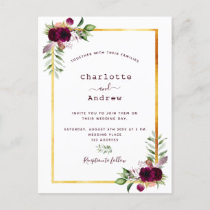 Burgunder Blumen goldenes Grün boho Hochzeit Postkarte