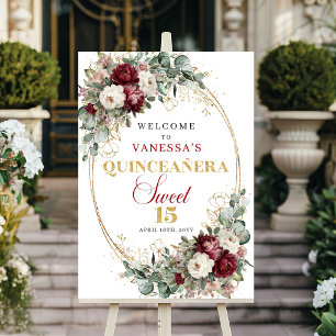 Burgunder Blumen Grün Gold Quinceañera Willkommen Poster