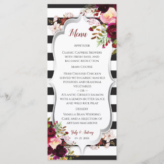Burgunder Blumen Hochzeitsmenü in Schwarz und Weiß Menükarte