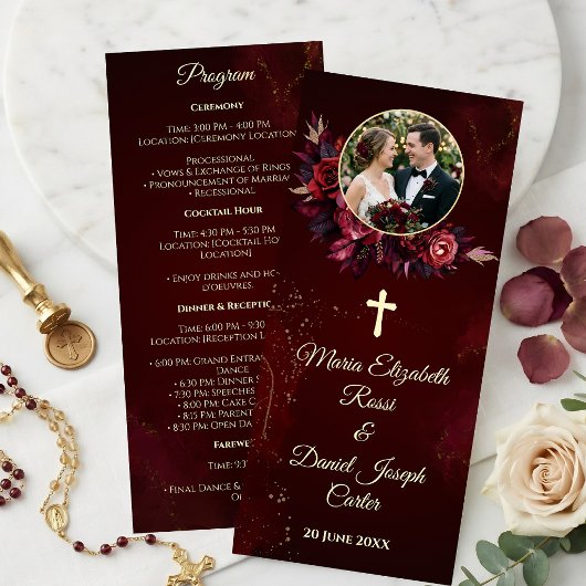 Burgunder-Blumen-Katholisches-Hochzeitsprogramm Programm
