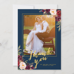 Burgunder Blumen Navy Blau Gold Foto Hochzeit Dankeskarte
