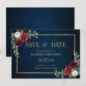 Burgunder Blumen Navyblau Goldrahmen Save the Date (Vorne/Hinten)