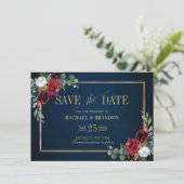 Burgunder Blumen Navyblau Goldrahmen Save the Date (Stehend Vorderseite)