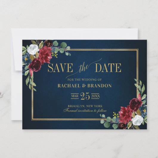 Burgunder Blumen Navyblau Goldrahmen Save the Date (Vorderseite)