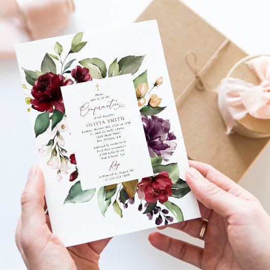 Burgunder Blumen, Rosa Blumen, Boho, Konfirmation Einladung