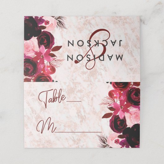 Burgunder Blumen & Rose Gold Sitzplätze Tischnumme Platzkarte (Außenseite Aufgefaltet)