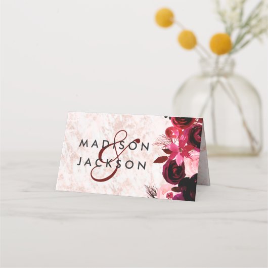 Burgunder Blumen & Rose Gold Sitzplätze Tischnumme Platzkarte (Rückseite)