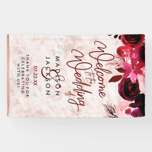 Burgunder Blumen & Rose Goldmarmor Hochzeit Begrüß Banner (Horizontal)