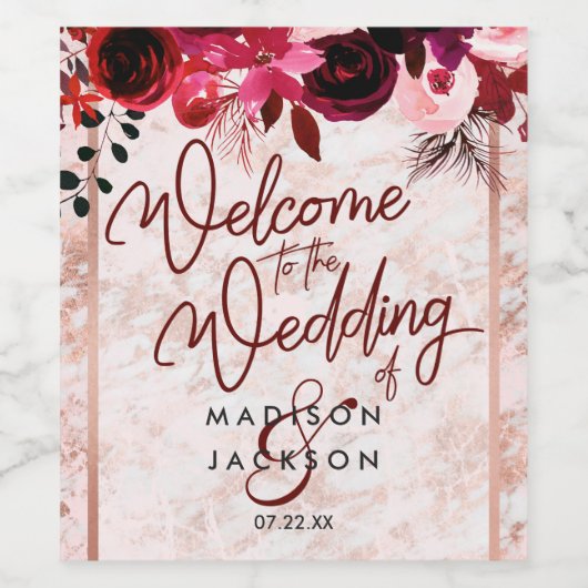 Burgunder Blumen & Rose Goldmarmor Hochzeit Begrüß Weinetikett (Einzelnes Label)