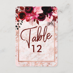 Burgunder Blumen & Roségold Hochzeitstisch Zahlen Einladung