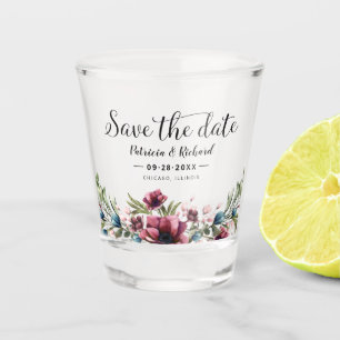Burgunder Blumen Rustikale Save-the-Date-Schnapsgl Schnapsglas