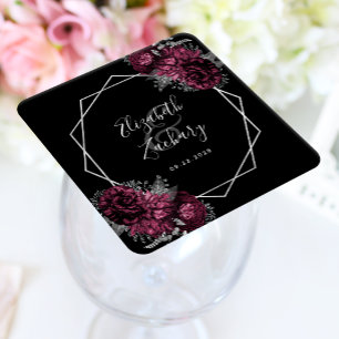 Burgunder Blumen Silber Geometrisch Schwarze Hochz Rechteckiger Pappuntersetzer