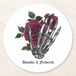 Burgunder Blumen Skelett Gothic Halloween Hochzeit Runder Pappuntersetzer