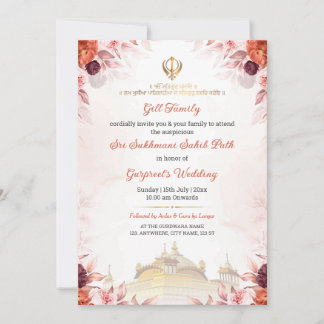 Burgunder Blumen Sukhmani Sahib Path Hochzeits-Ein Einladung