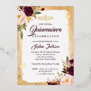 Burgunder Blumen-Tiara Gold Quinceanera 15.  Folieneinladung