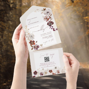 Burgunder-Blumenbogen QR-Code Hochzeit RSVP All In One Einladung