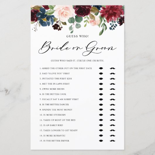 Burgunder Blumenbrille oder Groom Brautparty Game (Vorderseite)