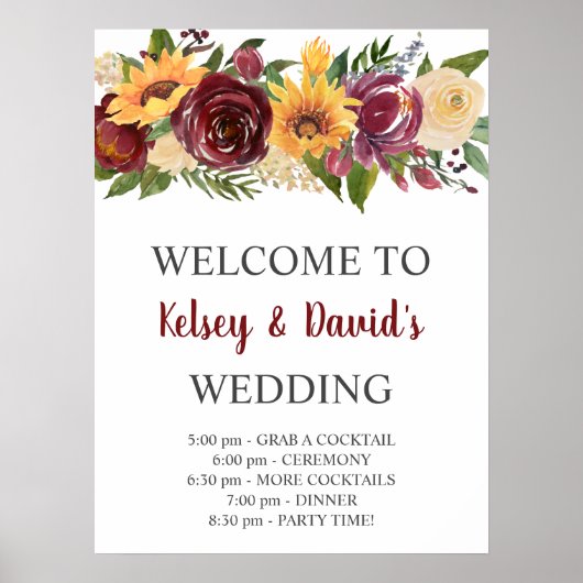 Burgunder Blumengelb-Sonnenblumen Hochzeit Begrüßu Poster (Vorne)