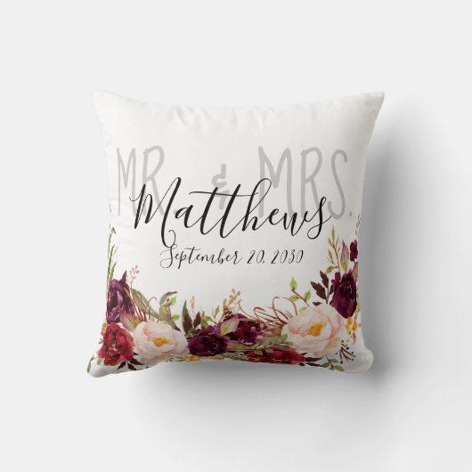 Burgunder-Blumenherr und Frau Wedding Keepsake Kissen (Rückseite)