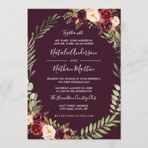 Burgunder-Blumenkranz-Wasserfarbenrahmen-Hochzeit Einladung