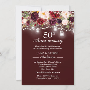 Burgunder Blumenlichter 50. Hochzeitstag Einladung