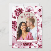 Burgunder Blumenpatrone, Aquarellspülbogen Foto Save The Date (Vorderseite)