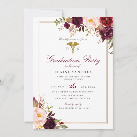 Burgunder Blumenpflegerpartei Einladung (Vorderseite)