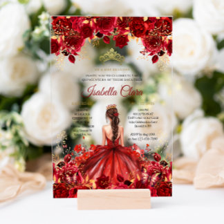 Burgunder Blumenprinzessin Gold Quinceanera Acryleinladungen