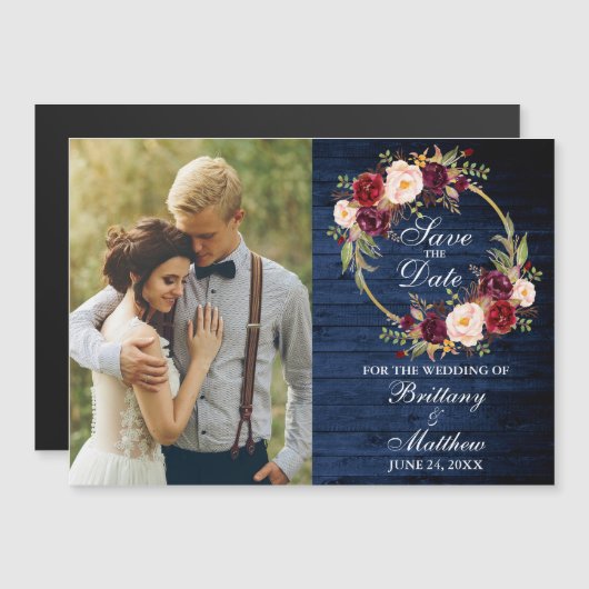 Burgunder Blumenreath Blauer Wald Magneteinladung (Vorne/Hinten)