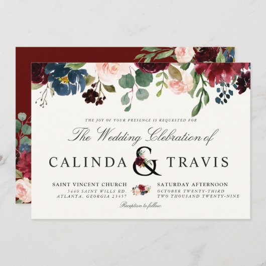 Burgunder-Blumenstrauß | Blumen| horizontal Einladung (Vorne/Hinten)