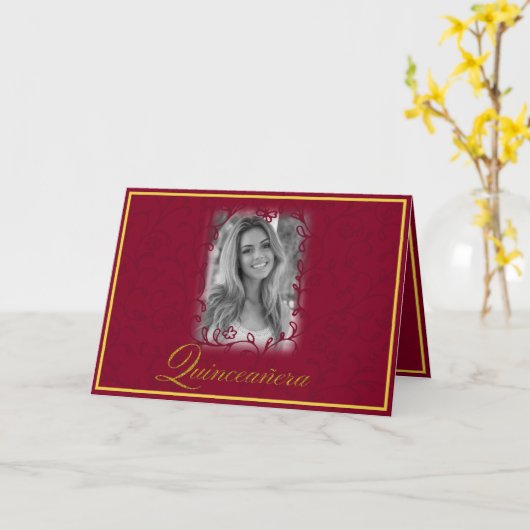 Burgunder Blumenweine mit Foto quinceanera Karte (Gelbe Blume)