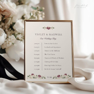 Burgunder Blumige Hochzeits-Zeitplan-Tafel Poster