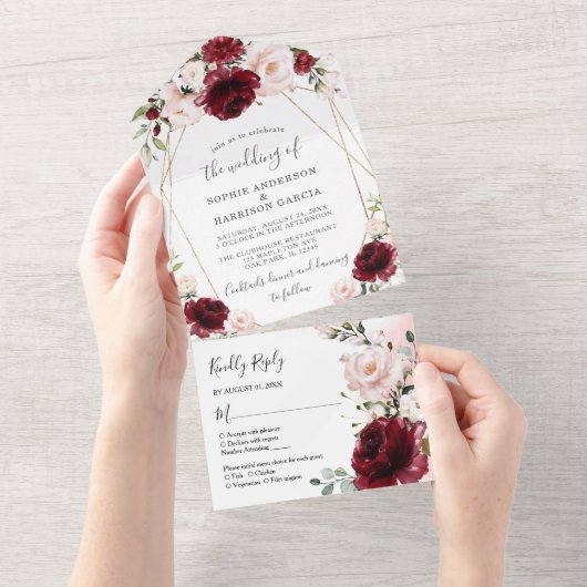 Burgunder Blush Bloral und Gold geometrische Hochz All In One Einladung (Abreißen)