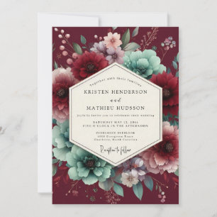Burgunder-Blüten-Hochzeit im Vintage-Romantikstil Einladung