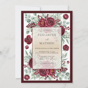Burgunder-Blüten-Romantische-Botanische-Hochzeit Einladung