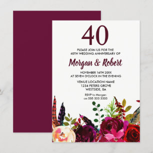 Burgunder Boho-Blumen 40. Hochzeitstag Einladung