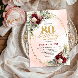 Burgunder Boho Blumen Gold Rahmen 80. Geburtstag Einladung